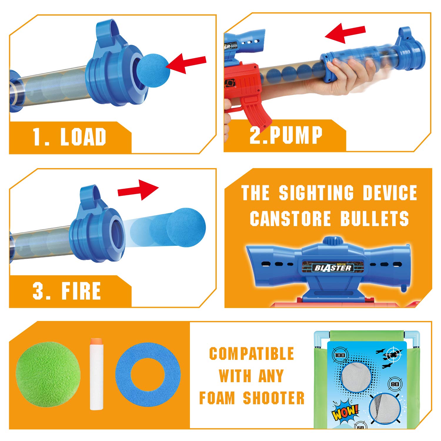 SpringFlower Shooting Game Toy for 5 6 7 8 9 10+ Years Olds Boys,2pk Foam Ball Popper Air Toy Guns with Standing Shooting Target,24 Foam Balls, Ideal Gift