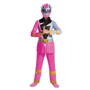 pink power ranger costume for girls, official dino fury power ranger suit with mask, kids size small (4-6x)