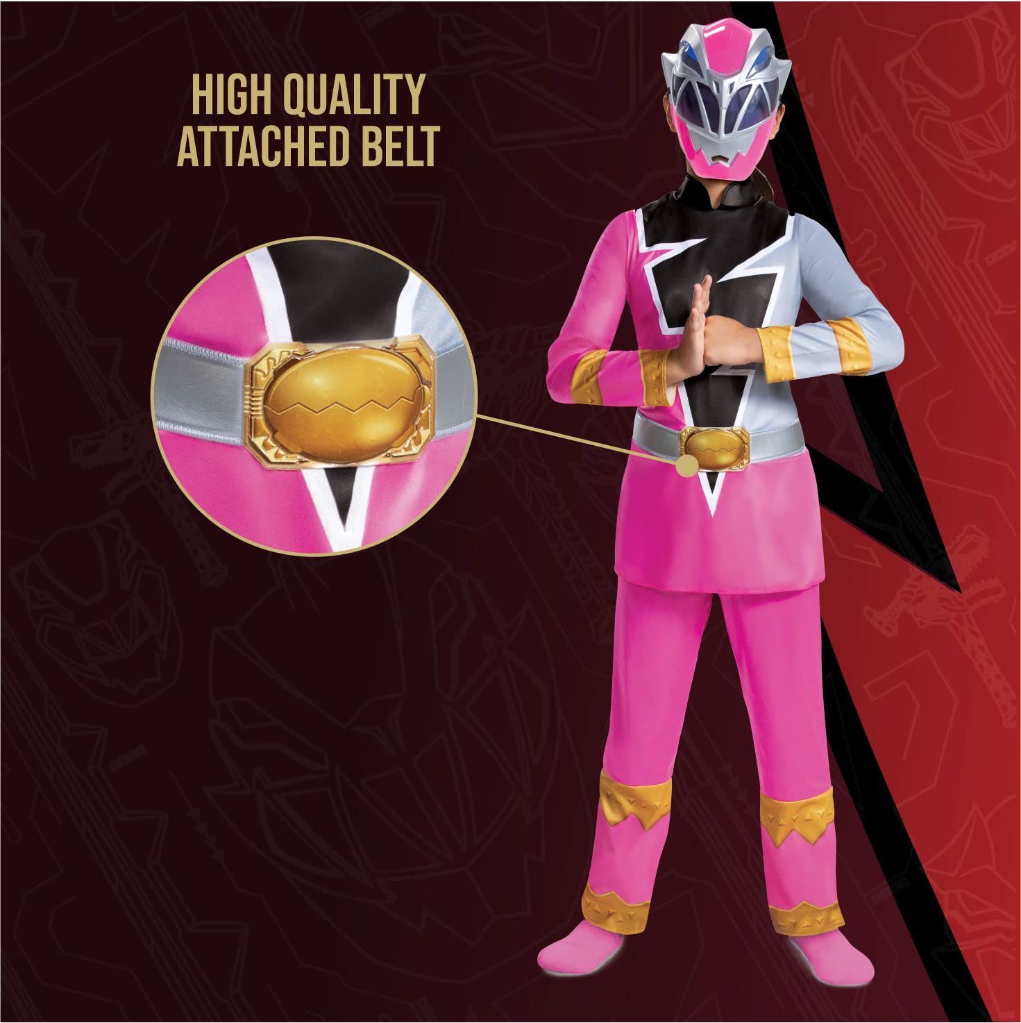 Pink Power Ranger Costume for Girls, Official Dino Fury Power Ranger Suit with Mask, Kids Size Small (4-6x)