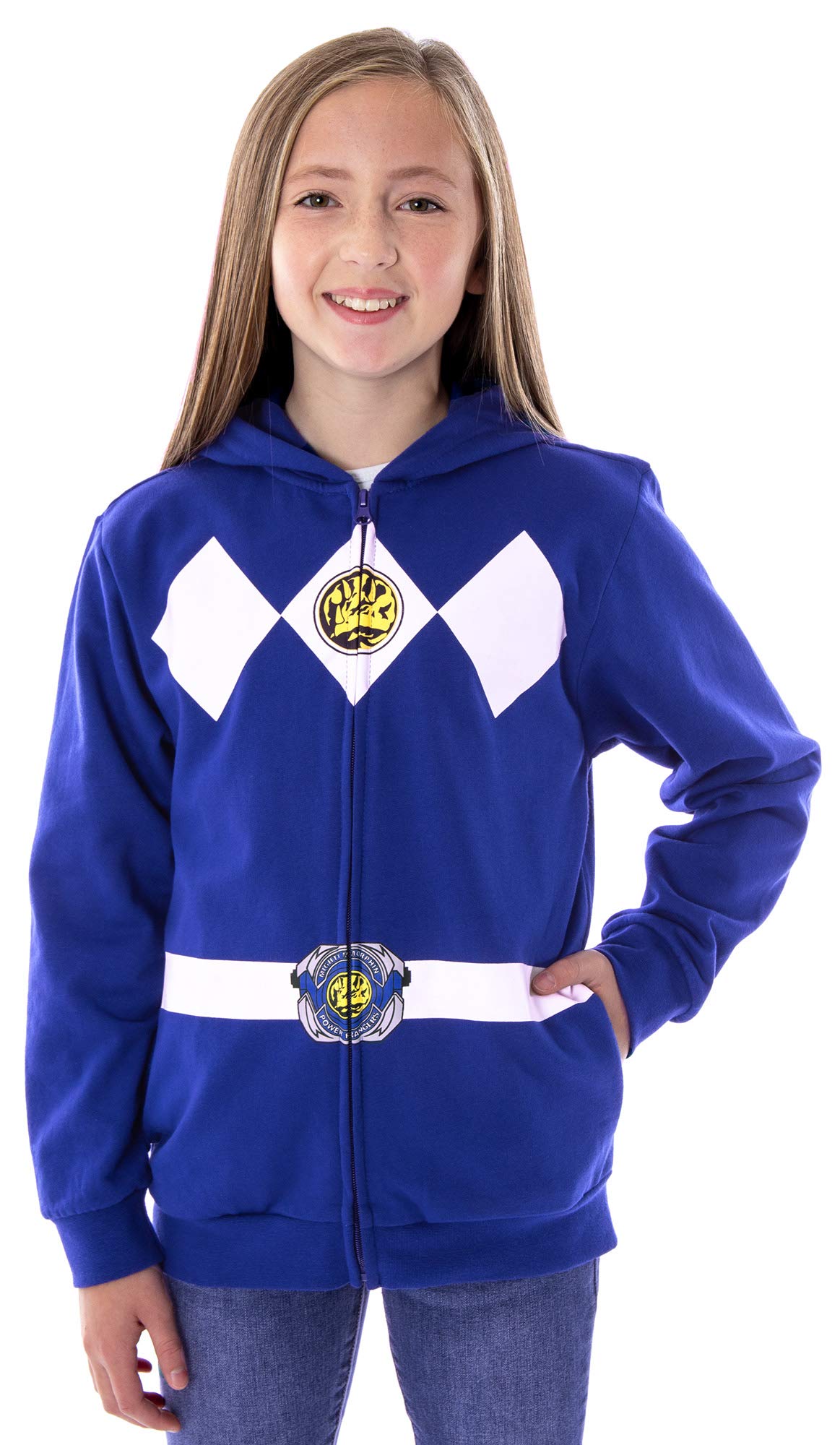 Power Rangers The Boys Blue Ranger Triceratops Mesh Face Covering Full-Zip Costume Hoodie (MD)