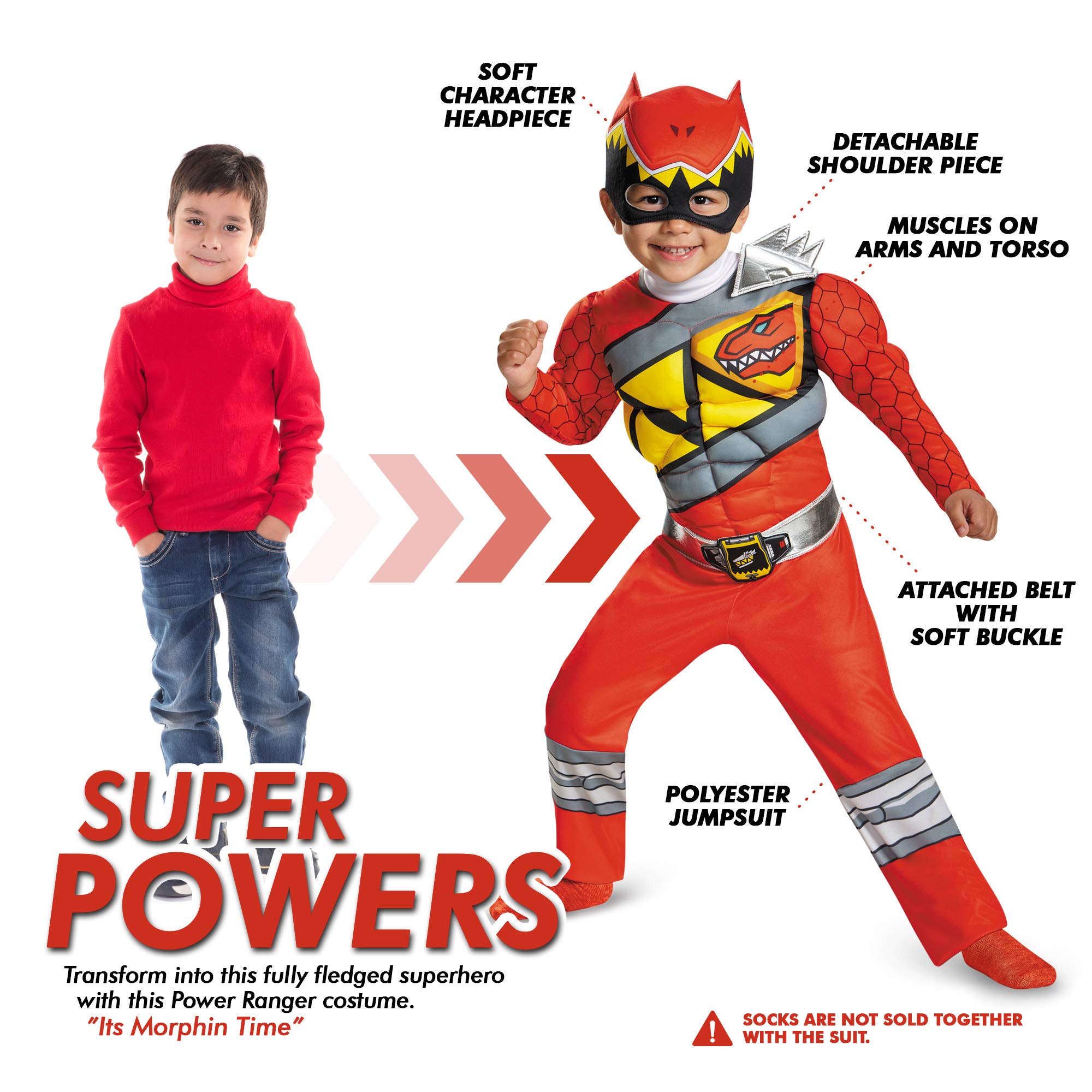 Red Power Rangers Costume for Toddlers. Official Licensed Red Ranger Dino Charge Classic Muscle Power Ranger Suit with Mask for Boys & Girls, Large (4-6)