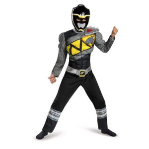 black power rangers costume for kids. official licensed black ranger dino charge classic muscle power ranger suit with mask for boys & girls, small (4-6)