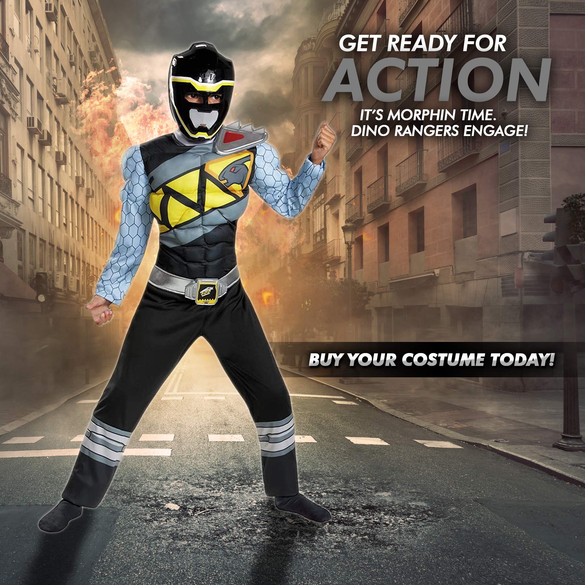 Black Power Rangers Costume for Kids. Official Licensed Black Ranger Dino Charge Classic Muscle Power Ranger Suit with Mask for Boys & Girls, Small (4-6)