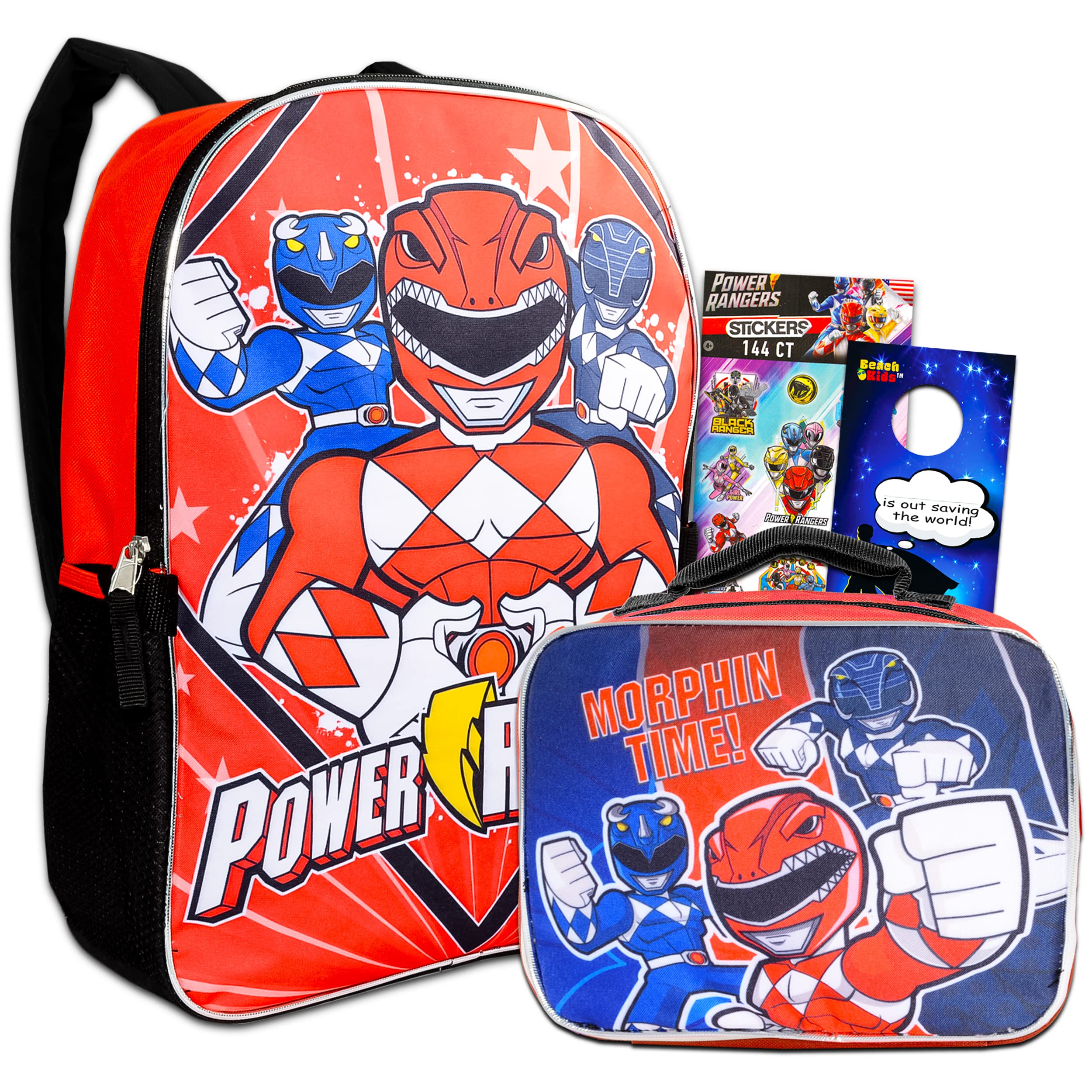 Power Rangers Backpack with Lunch Box for Boys, Girls ~ 4 Pc Bundle with Power Rangers School Bag, Lunch Bag, Stickers, More