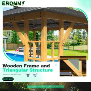 EROMMY 11' x 13' Wood Gazebo, Outdoor Hardtop Gazebo Pavilion with Spruce Solid Wooden Frame, Double Roof Metal Canopy for Patio Backyard Deck Garden