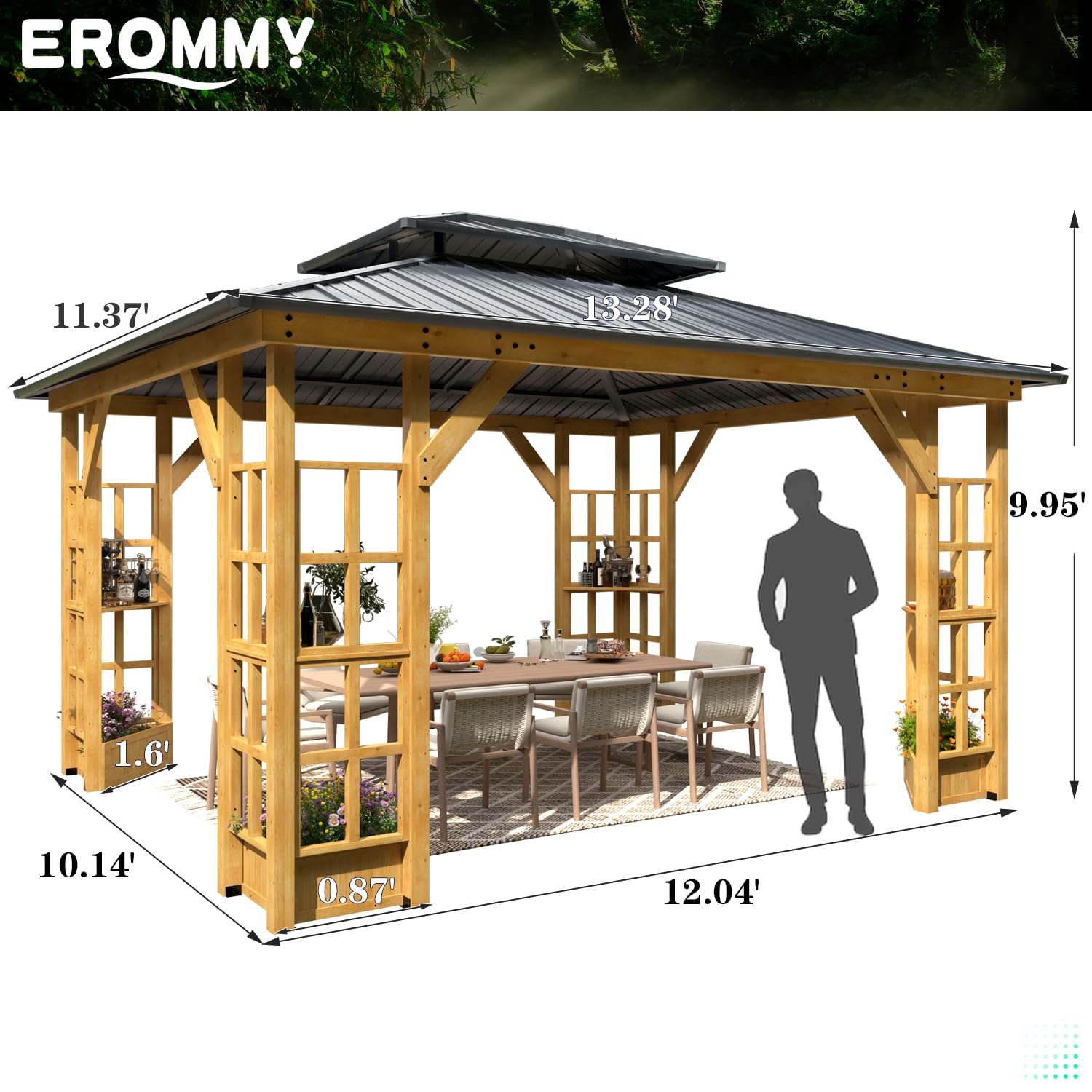 EROMMY 11' x 13' Wood Gazebo, Outdoor Hardtop Gazebo Pavilion with Spruce Solid Wooden Frame, Double Roof Metal Canopy for Patio Backyard Deck Garden