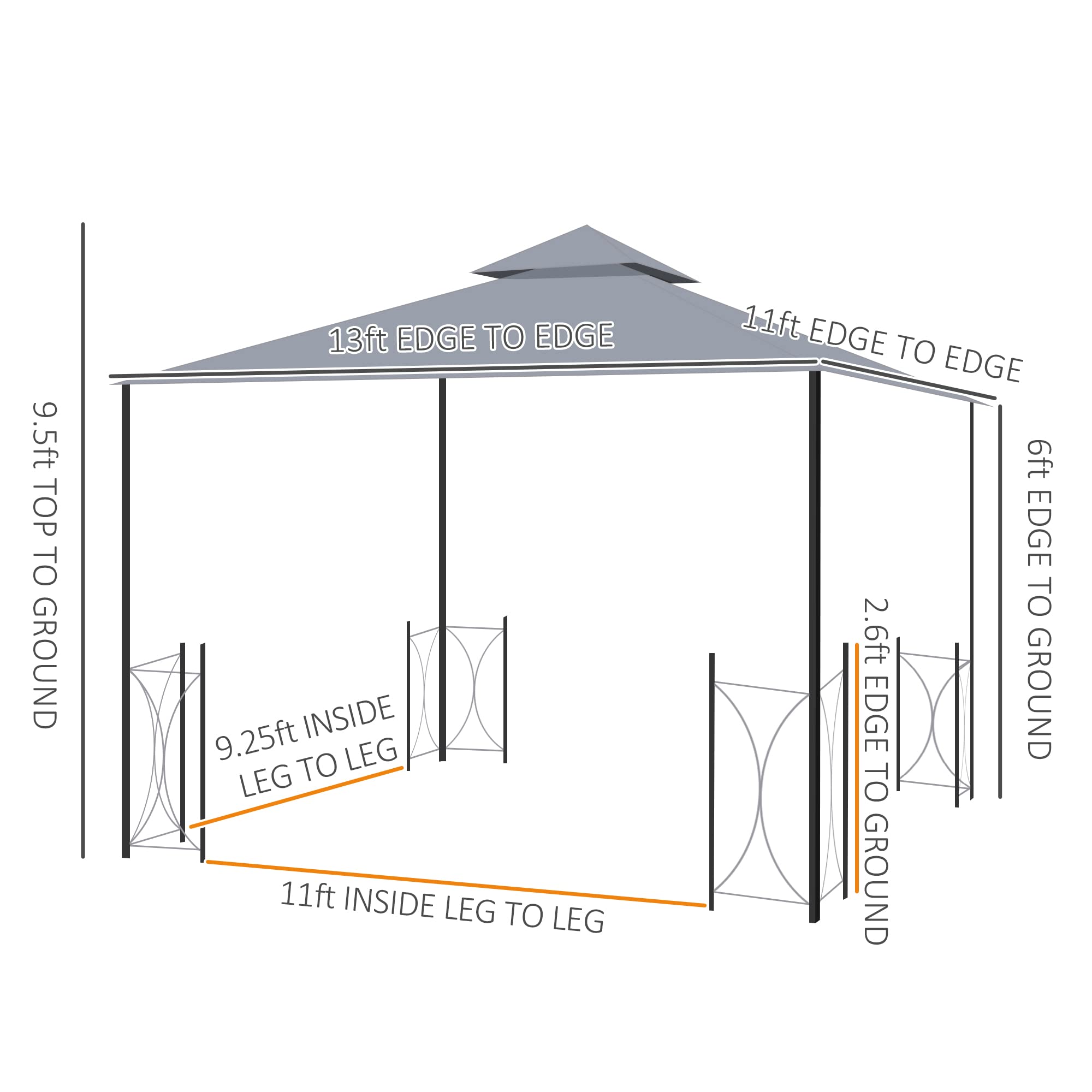 Outsunny 11' x 13' Patio Gazebo, Double Roof Outdoor Gazebo Canopy Shelter with Netting & Curtains, Steel Corner Columns for Garden, Lawn, Backyard and Deck, Gray