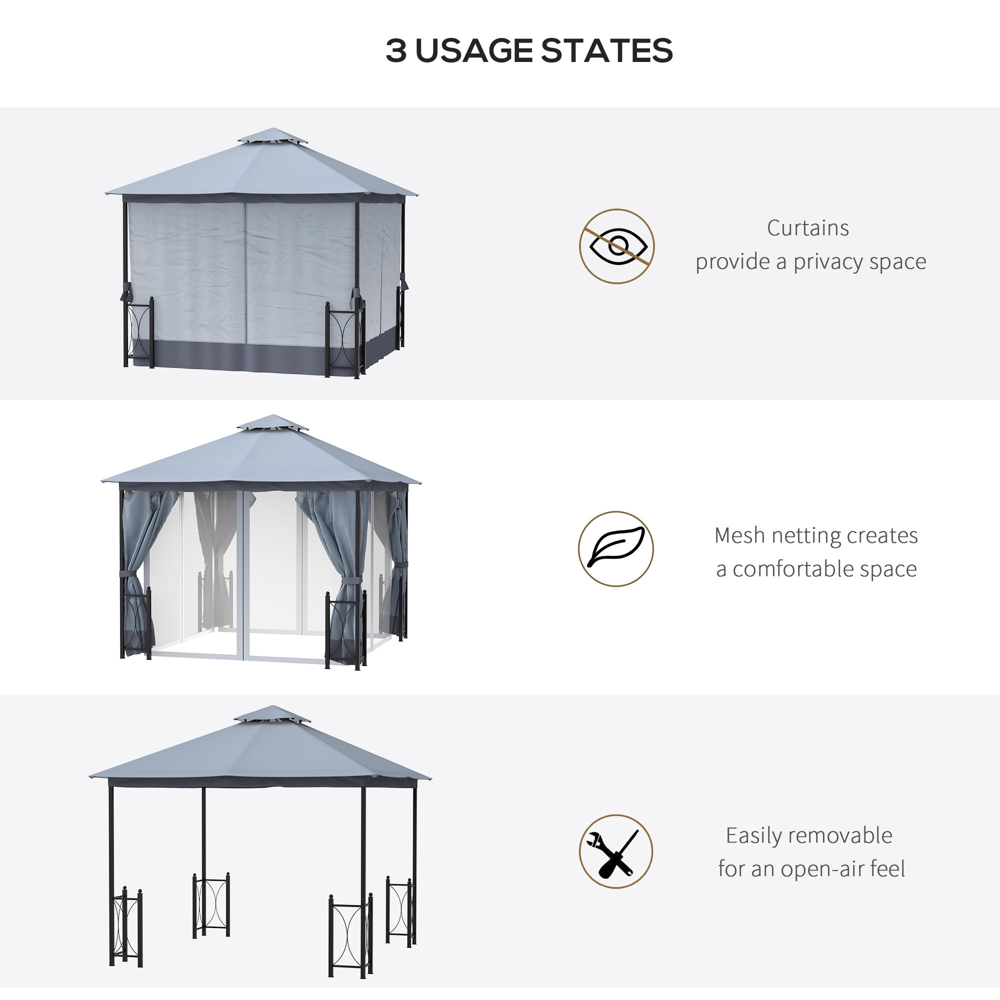 Outsunny 11' x 13' Patio Gazebo, Double Roof Outdoor Gazebo Canopy Shelter with Netting & Curtains, Steel Corner Columns for Garden, Lawn, Backyard and Deck, Gray