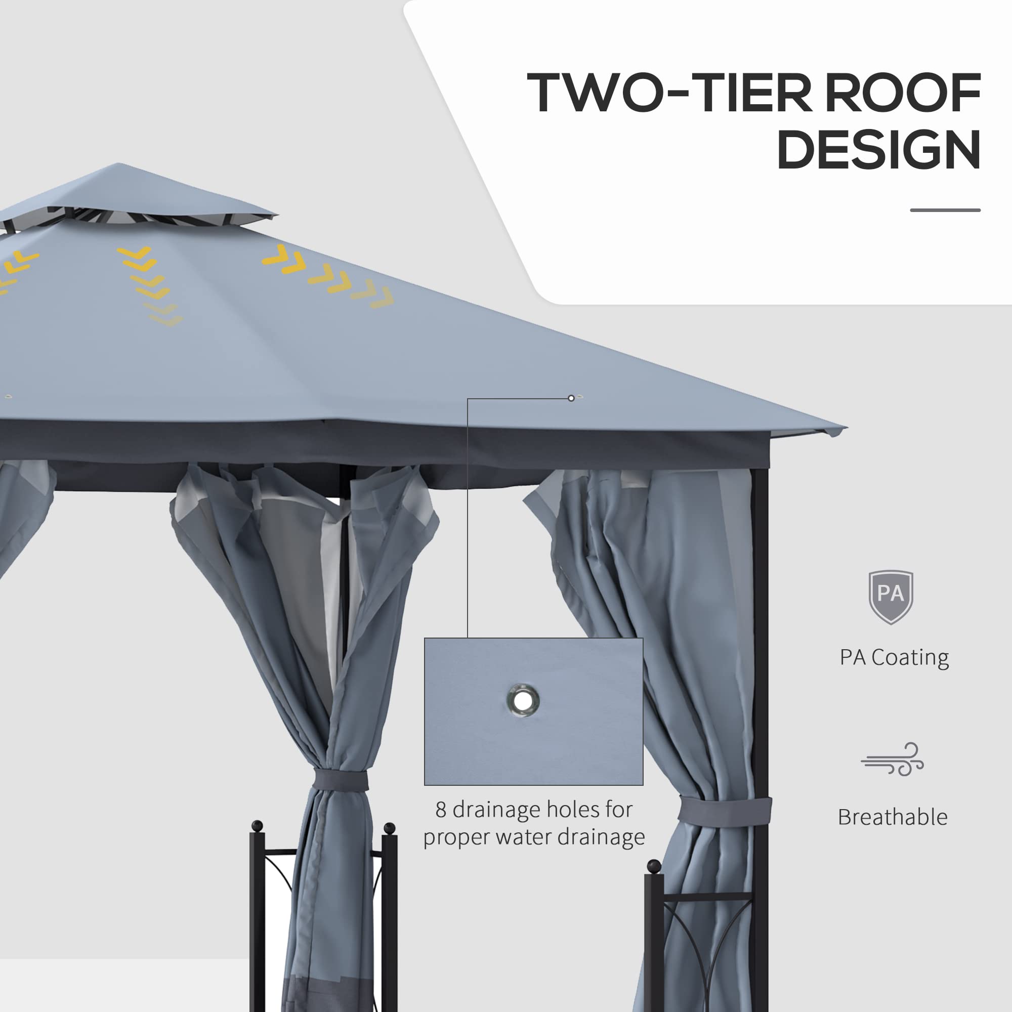 Outsunny 11' x 13' Patio Gazebo, Double Roof Outdoor Gazebo Canopy Shelter with Netting & Curtains, Steel Corner Columns for Garden, Lawn, Backyard and Deck, Gray