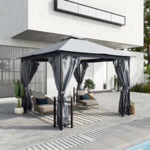 Outsunny 11' x 13' Patio Gazebo, Double Roof Outdoor Gazebo Canopy Shelter with Netting & Curtains, Steel Corner Columns for Garden, Lawn, Backyard and Deck, Gray