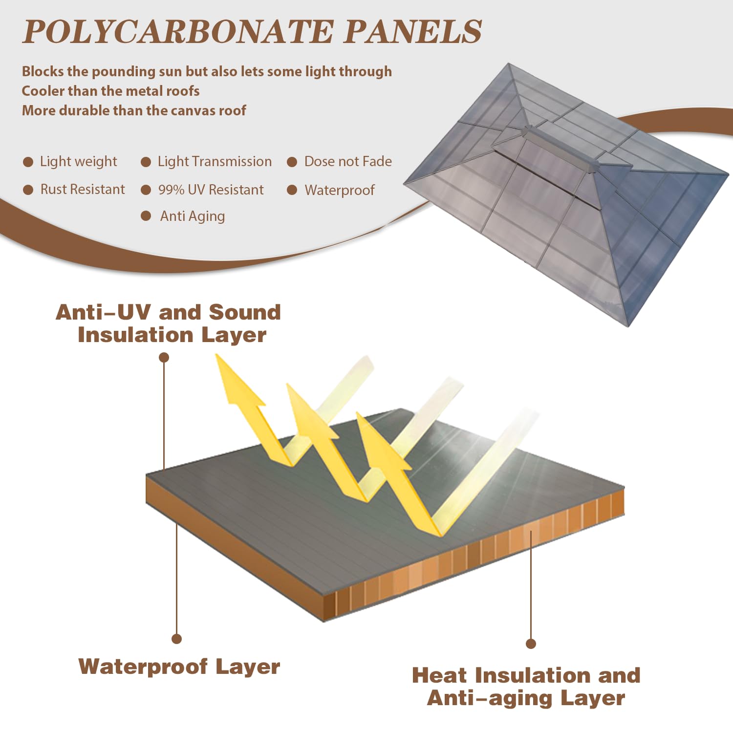 EROMMY 10' x 13' Gazebo Polycarbonate Double Roof Canopy Outdoor Aluminum Frame Pergola, Permanent Pavilion with Netting and Curtains for Garden Patio Lawns Parties