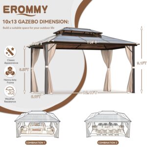 EROMMY 10' x 13' Gazebo Polycarbonate Double Roof Canopy Outdoor Aluminum Frame Pergola, Permanent Pavilion with Netting and Curtains for Garden Patio Lawns Parties