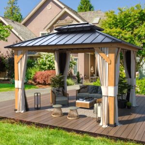 RICHRYCE 11' x 13' Solid Wood Gazebo, Hardtop Gazebo Plastic Sprayed Metal Roof Outdoor Gazebo Canopy Double Vented Roof Pergolas Wood Frame with Netting and Curtains for Garden, Patio, Lawns, Parties