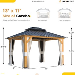 RICHRYCE 11' x 13' Solid Wood Gazebo, Hardtop Gazebo Plastic Sprayed Metal Roof Outdoor Gazebo Canopy Double Vented Roof Pergolas Wood Frame with Netting and Curtains for Garden, Patio, Lawns, Parties