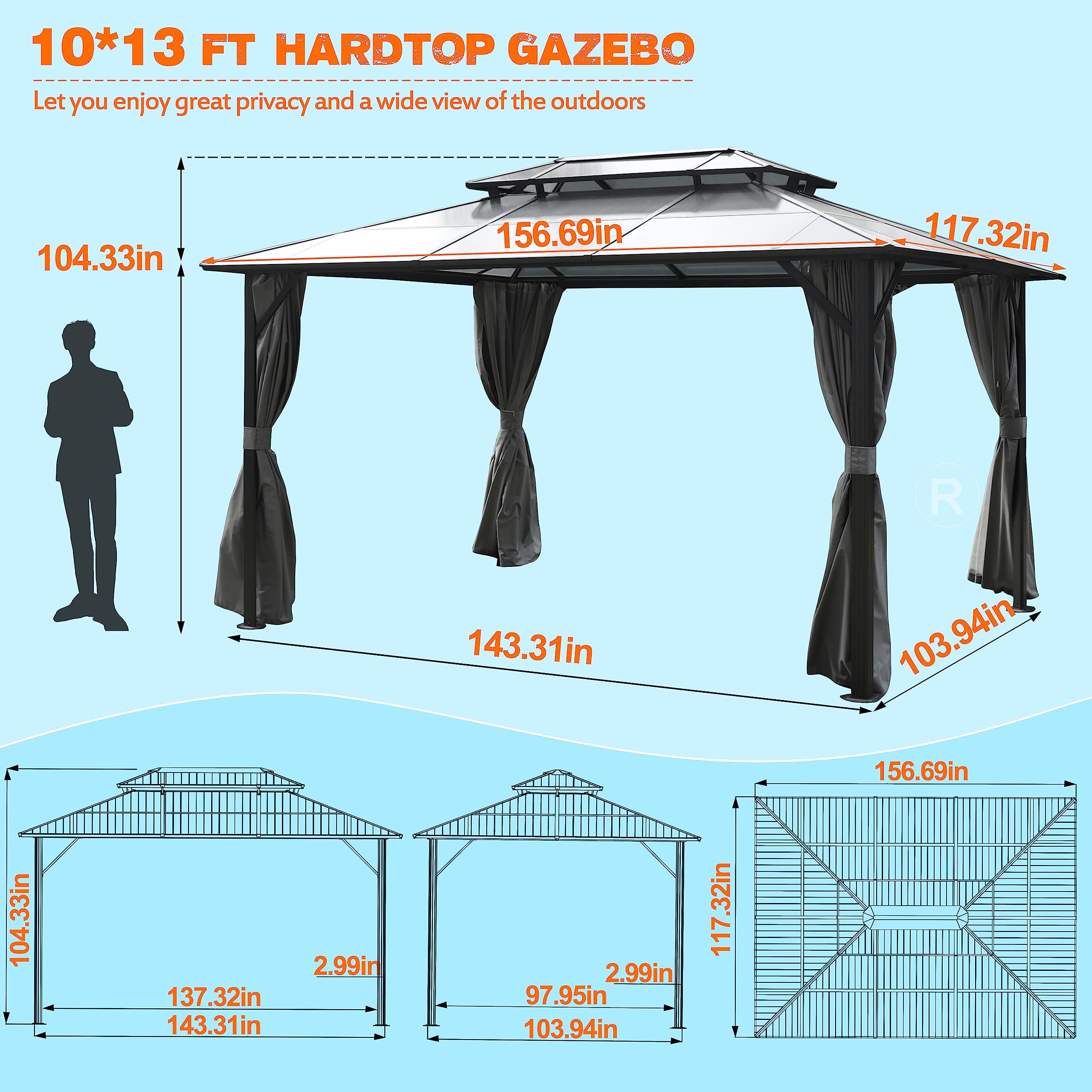 MUPATER Outdoor 10' x 13' Polycarbonate Hardtop Gazebo with Aluminum Frame, Double Roof Canopy, Netting and Curtainsfor Patios, Deck, Lawns, Gardens and Pools