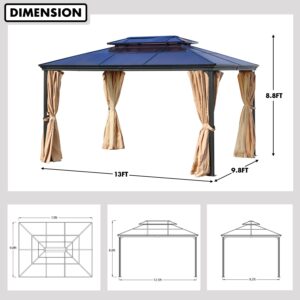 COWVIE 13 x 10 FT 2-Tier Polycarbonate Roof Gazebo, Aluminum Frame Outdoor Gazebo with Mosquito Netting and Curtains, Suitable for Patio, Backyard, Deck, Lawns