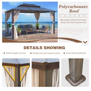 EROMMY 10'x13' Gazebo Polycarbonate Double Roof Canopy Outdoor Aluminum Frame Pergolas with Netting and Curtains for Garden Patio Lawns Parties