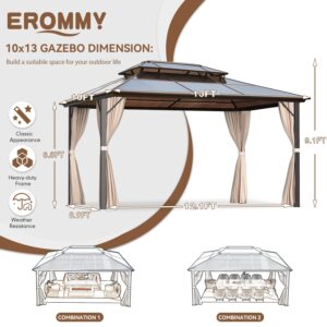 EROMMY 10'x13' Gazebo Polycarbonate Double Roof Canopy Outdoor Aluminum Frame Pergolas with Netting and Curtains for Garden Patio Lawns Parties