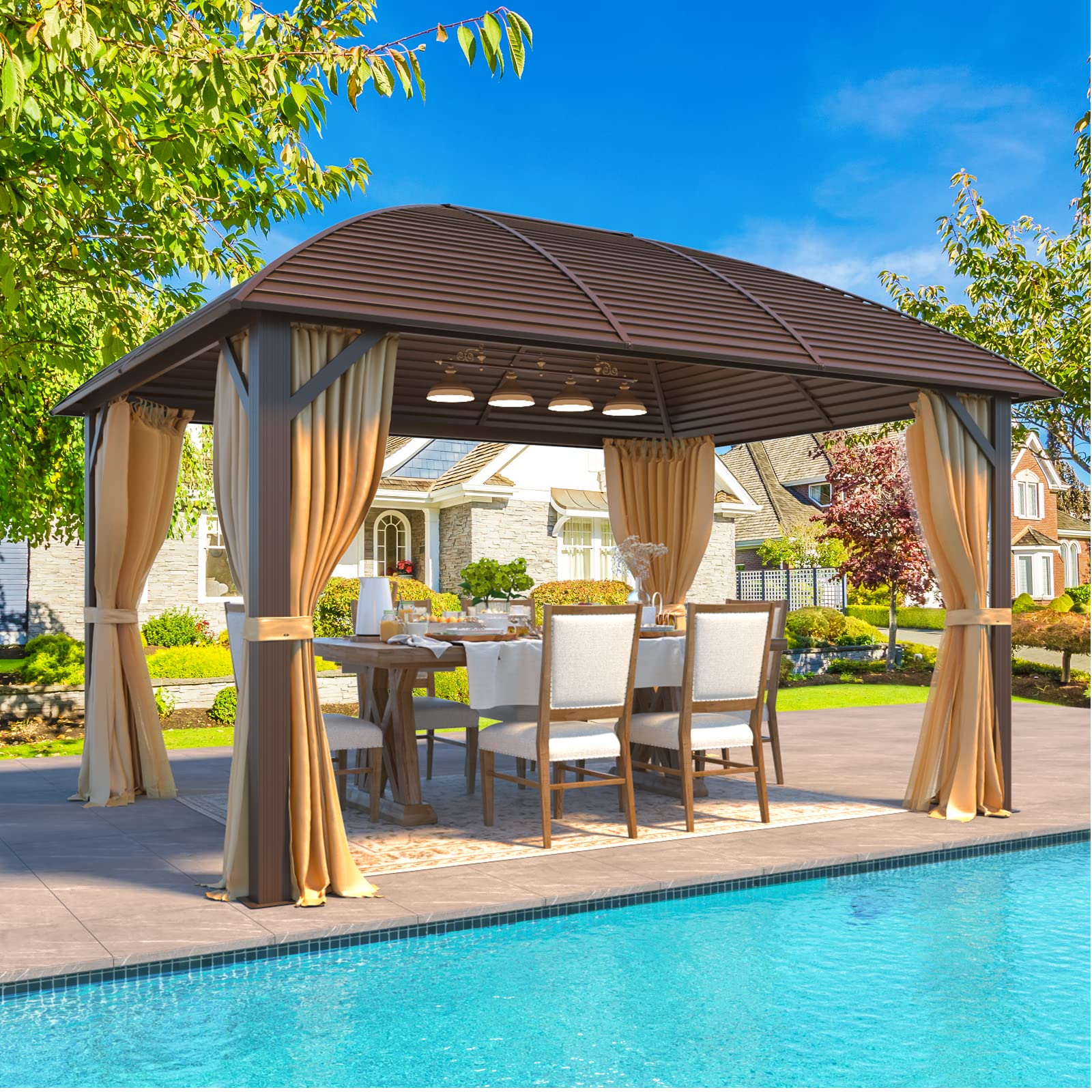 YOLENY 10' x 13' Hardtop Gazebo with Galvanized Steel Roof, Arc Roof Gazebo with Aluminum Frame, Outdoor Gazebo with Curtain&Netting, Sunshade for Gardens, Lawns, Deck