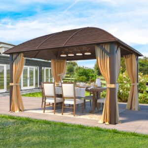 YOLENY 10' x 13' Hardtop Gazebo with Galvanized Steel Roof, Arc Roof Gazebo with Aluminum Frame, Outdoor Gazebo with Curtain&Netting, Sunshade for Gardens, Lawns, Deck