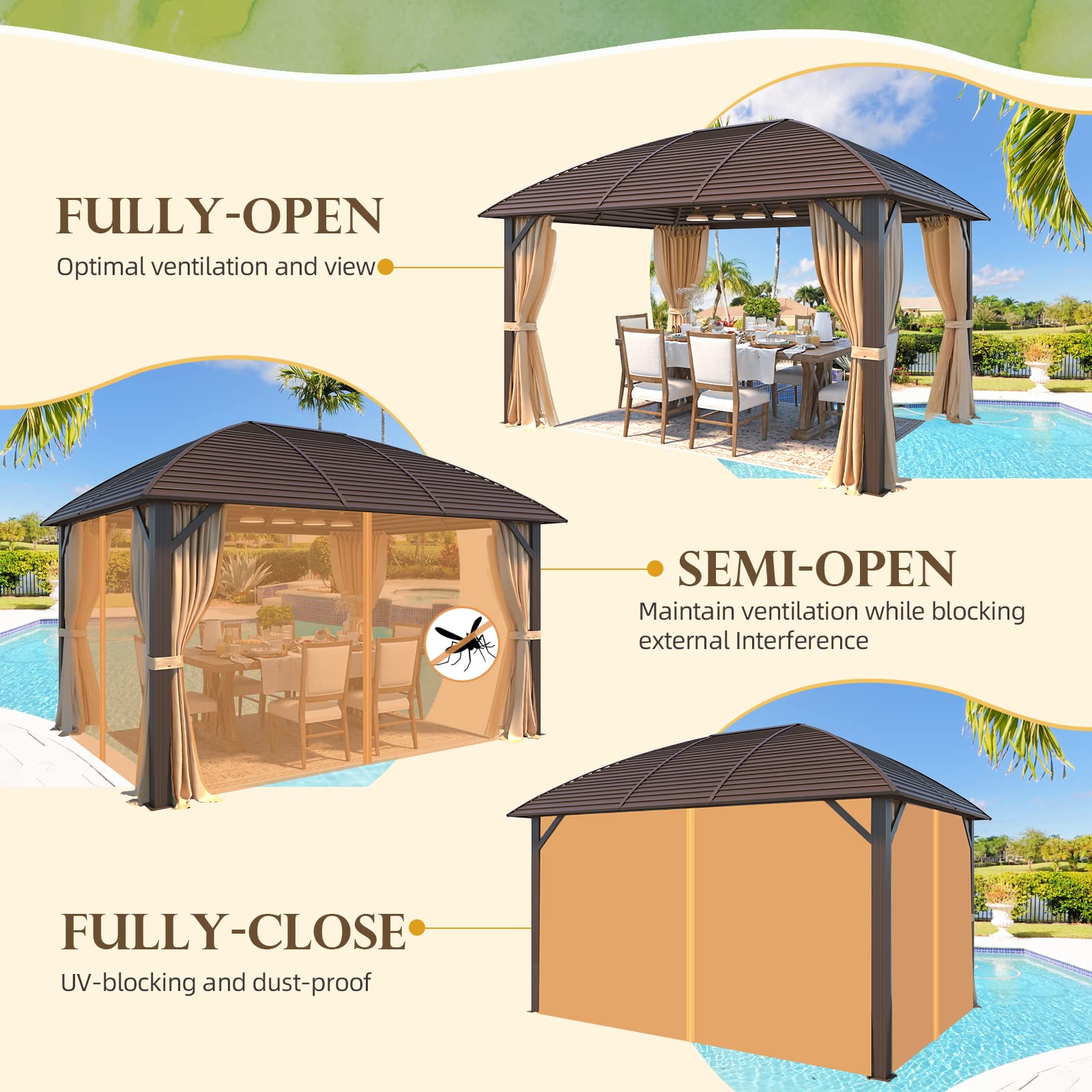 YOLENY 10' x 13' Hardtop Gazebo with Galvanized Steel Roof, Arc Roof Gazebo with Aluminum Frame, Outdoor Gazebo with Curtain&Netting, Sunshade for Gardens, Lawns, Deck