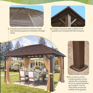 YOLENY 10' x 13' Hardtop Gazebo with Galvanized Steel Roof, Arc Roof Gazebo with Aluminum Frame, Outdoor Gazebo with Curtain&Netting, Sunshade for Gardens, Lawns, Deck