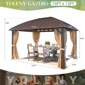 YOLENY 10' x 13' Hardtop Gazebo with Galvanized Steel Roof, Arc Roof Gazebo with Aluminum Frame, Outdoor Gazebo with Curtain&Netting, Sunshade for Gardens, Lawns, Deck