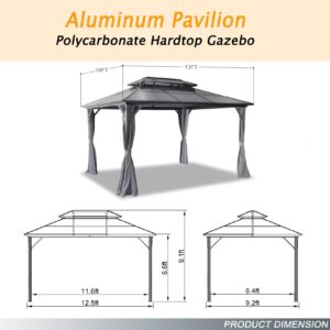 10'x13'Hard top Gazebo Patio Pavilion Double Room PC Roof Canopy Outdoor Aluminum Frame Permanent Metal Pavilion with Net and Curtain, Suitable for Backyard, Garden, Lawn (Grey)