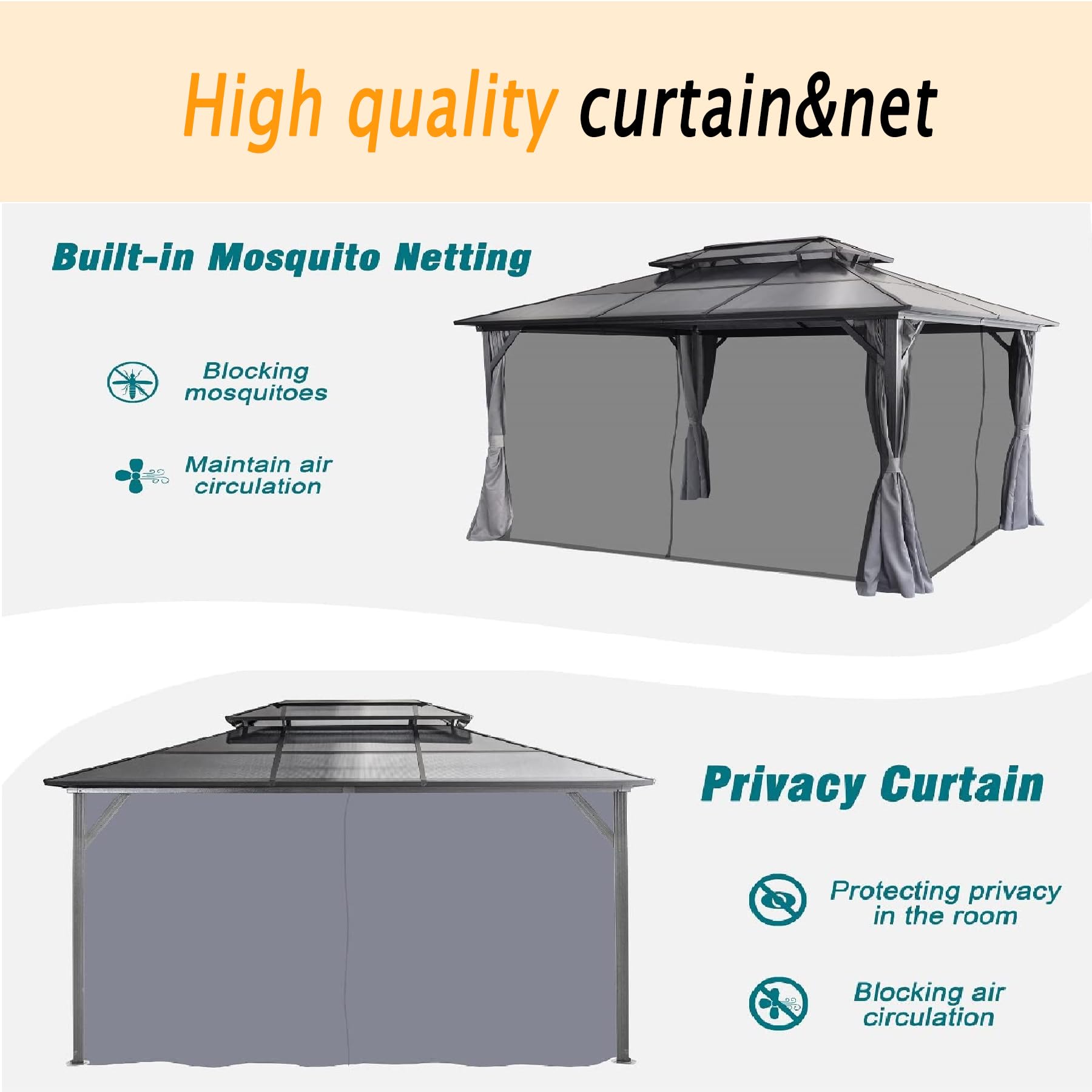 10'x13'Hard top Gazebo Patio Pavilion Double Room PC Roof Canopy Outdoor Aluminum Frame Permanent Metal Pavilion with Net and Curtain, Suitable for Backyard, Garden, Lawn (Grey)