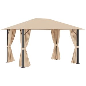 outsunny 10' x 13' patio gazebo aluminum frame outdoor canopy shelter with sidewalls, vented roof for garden, lawn, backyard, and deck, brown