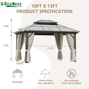 GAZEBEST Hardtop Gazebo Outdoor Polycarbonate Double Roof Patio Gazebo Aluminum Frame Gazebo Canopy with Netting and Curtains,for Garden Patio,Patio Backyard,Deck and Lawns (Brown, 10x13FT)