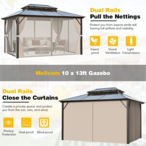 MELLCOM 10x13ft Hardtop Gazebo, Permanent Outdoor Patio Gazebo with Double Polycarbonate Roof and Aluminum Frame, Canopy Gazebo for Backyard, Deck, Patio and Party, Curtains and Netting Included