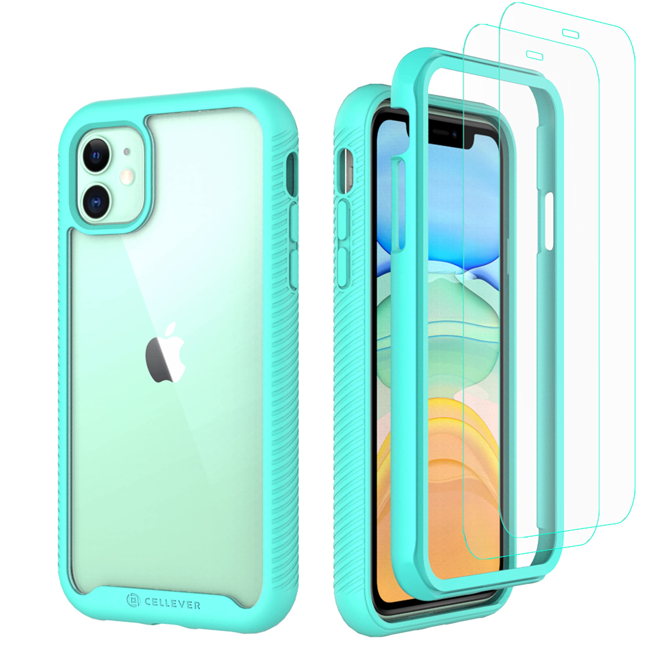 CellEver Clear Full Body Case for iPhone 11, Heavy Duty Protection with Anti-Slip TPU Bumper and [2 Tempered 9H Glass Screen Protectors] Shockproof Transparent Phone Cover 6.1 Inch (Mint)