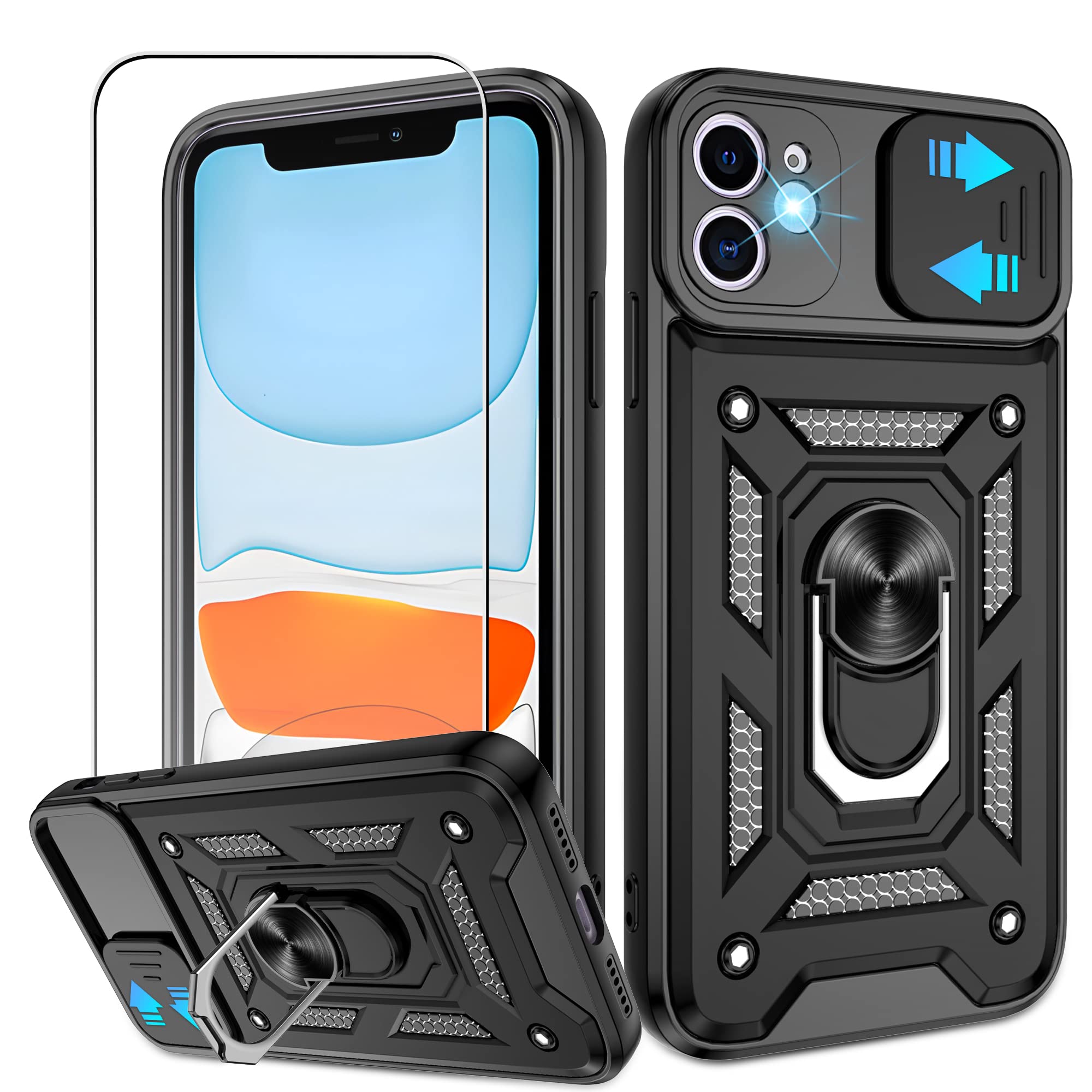 ATUMP for iPhone 11 Phone Case with HD Screen Protector, Heavy Duty Shockproof with 360° Rotation Metal Kickstand [Military Grade] Protective Case for iPhone 11, Black