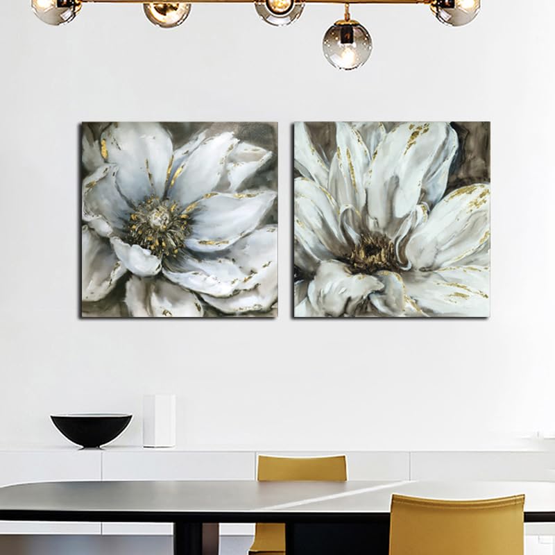 Wallpaint - Black and White Flower Wall Art with Texture and Gold Foil, Elegant Blooming Floral Picture Canvas Wall Decor for Living Room Bedroom - 30"x30"