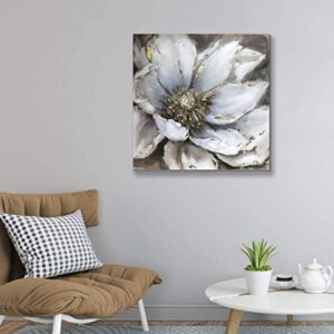 Wallpaint - Black and White Flower Wall Art with Texture and Gold Foil, Elegant Blooming Floral Picture Canvas Wall Decor for Living Room Bedroom - 30"x30"