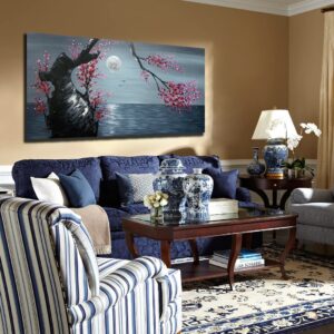 V-inspire Art, 24x48 Inch Hand-Painted Floral Artwork - Plum blossoms blooming under the moon - Chinese Paintings Canvas Wall art for Living room On Bedroom Ready to Hang