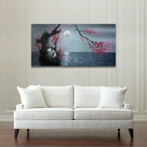 V-inspire Art, 24x48 Inch Hand-Painted Floral Artwork - Plum blossoms blooming under the moon - Chinese Paintings Canvas Wall art for Living room On Bedroom Ready to Hang