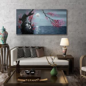 V-inspire Art, 24x48 Inch Hand-Painted Floral Artwork - Plum blossoms blooming under the moon - Chinese Paintings Canvas Wall art for Living room On Bedroom Ready to Hang