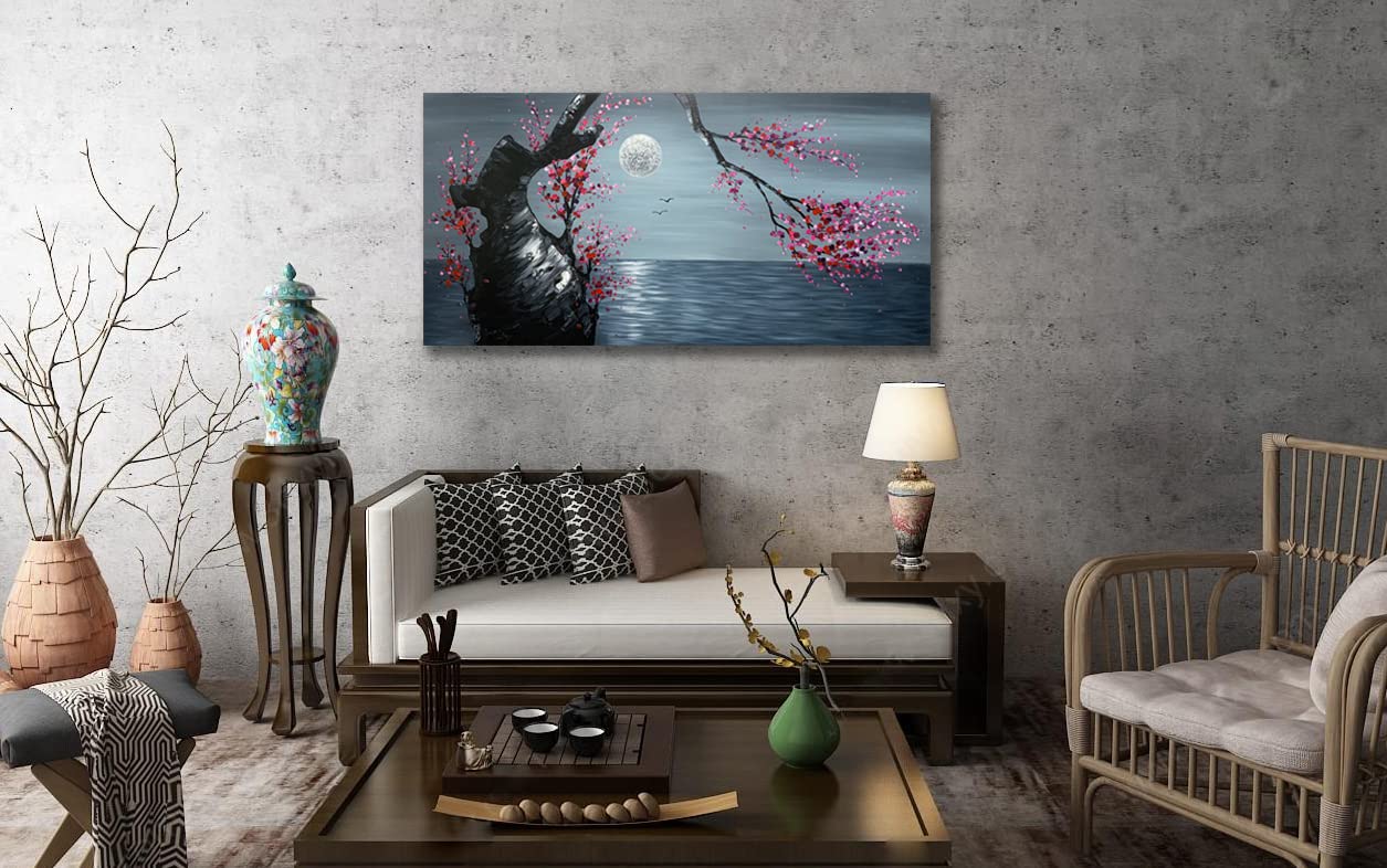 V-inspire Art, 24x48 Inch Hand-Painted Floral Artwork - Plum blossoms blooming under the moon - Chinese Paintings Canvas Wall art for Living room On Bedroom Ready to Hang