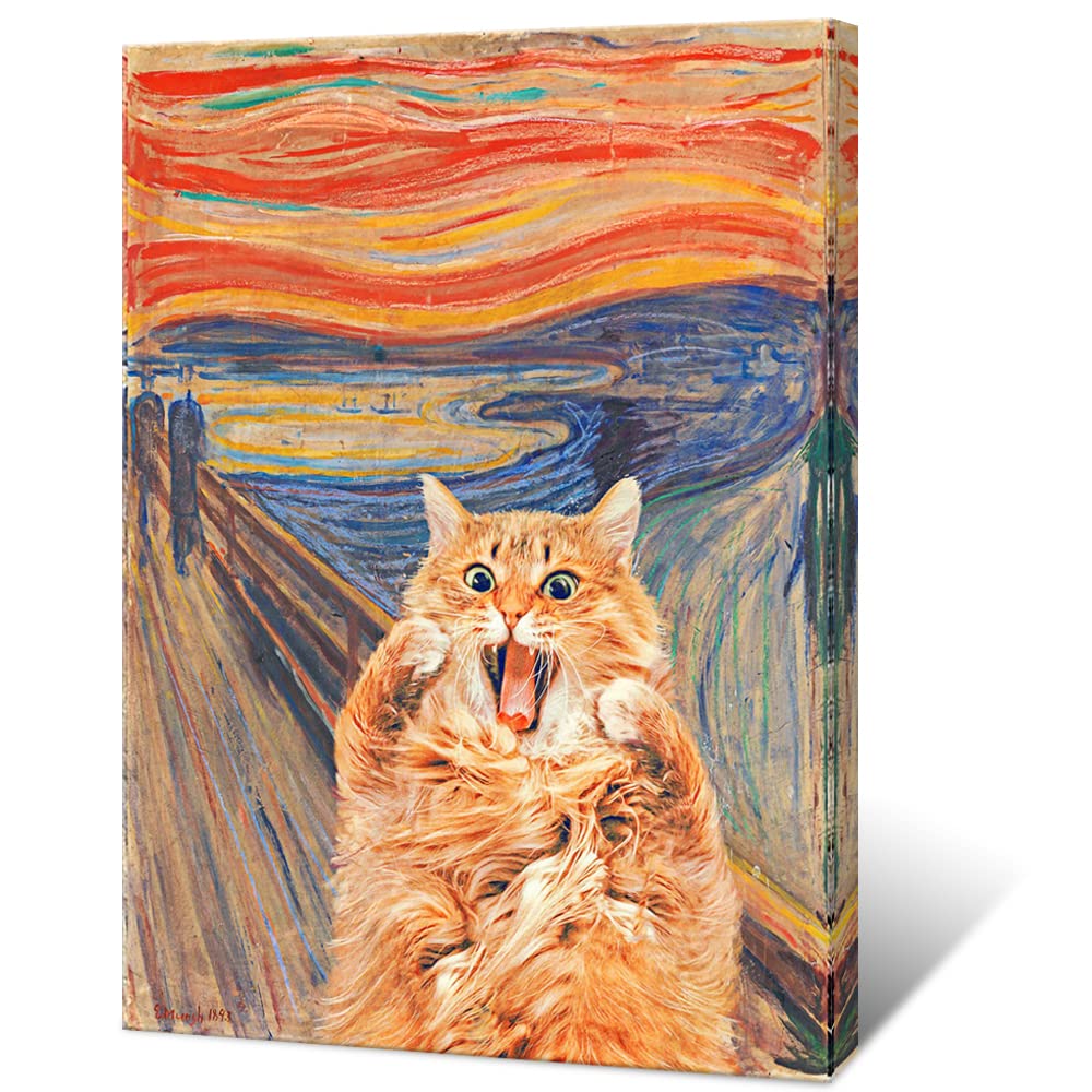 Abstract Edvard Munch Canvas Wall Art Famous Art The Scream Funny Cat Aesthetic Poster Retro Print Paintings Orange Gallery Wall Decor Pictures for Bedroom Living Room 12x16 Inch Unframed