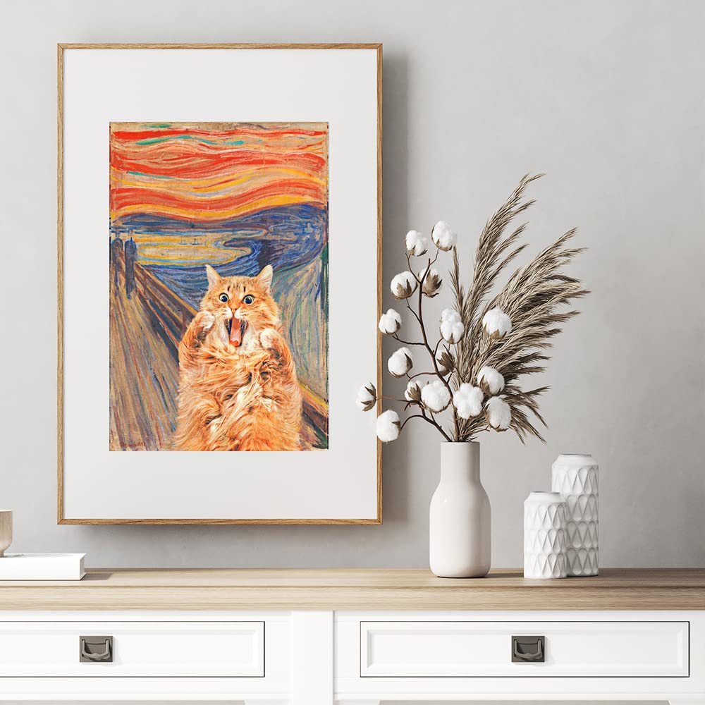 Abstract Edvard Munch Canvas Wall Art Famous Art The Scream Funny Cat Aesthetic Poster Retro Print Paintings Orange Gallery Wall Decor Pictures for Bedroom Living Room 12x16 Inch Unframed