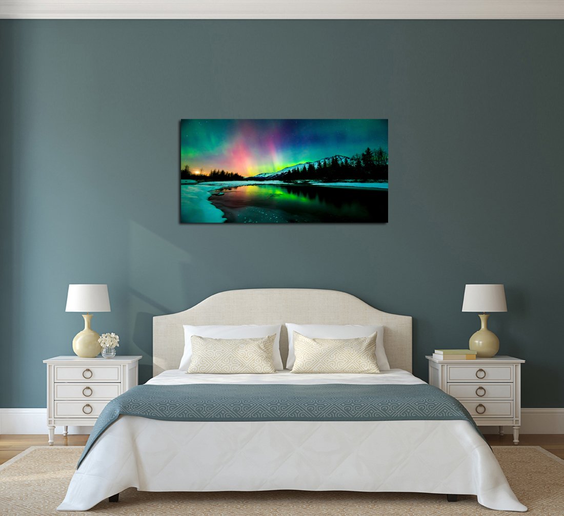 S01950 Wall Art Aurora scenery Painting on Canvas Stretched and Framed Canvas Paintings Ready to Hang for Home Decorations Wall Decor