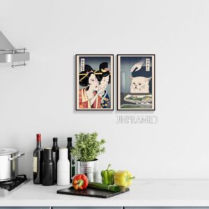 mifyuibytr Funny Japanese Cat Wall Art Set of 2-12x16in, Vintage Japanese Geisha Yelling at Cat Posters, Fun Asian Anime Cat Meme Prints Painting, Kitchen Wall Artwork Unframed