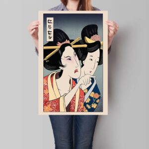 mifyuibytr Funny Japanese Cat Wall Art Set of 2-12x16in, Vintage Japanese Geisha Yelling at Cat Posters, Fun Asian Anime Cat Meme Prints Painting, Kitchen Wall Artwork Unframed