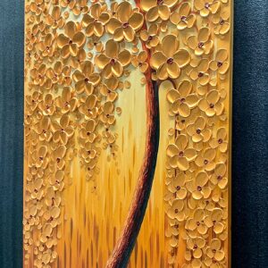 Yika Art, 3D Paintings Modern Abstract Oil Painting Hand Painted On Canvas Abstract Artwork Picture Wall Decoration for living room - Golden Lucky Tree Wall Art-24X48 Inch