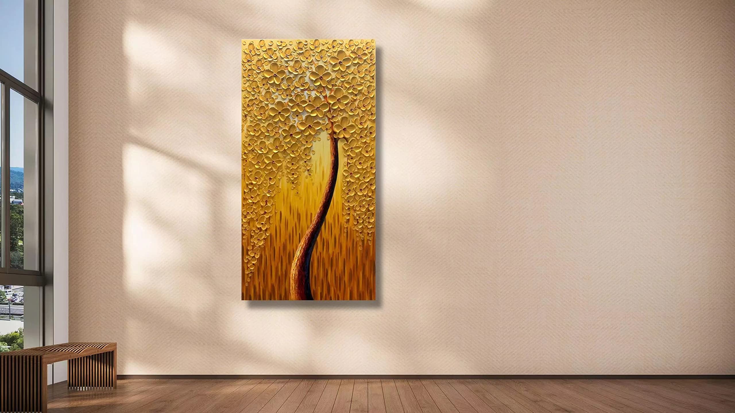 Yika Art, 3D Paintings Modern Abstract Oil Painting Hand Painted On Canvas Abstract Artwork Picture Wall Decoration for living room - Golden Lucky Tree Wall Art-24X48 Inch