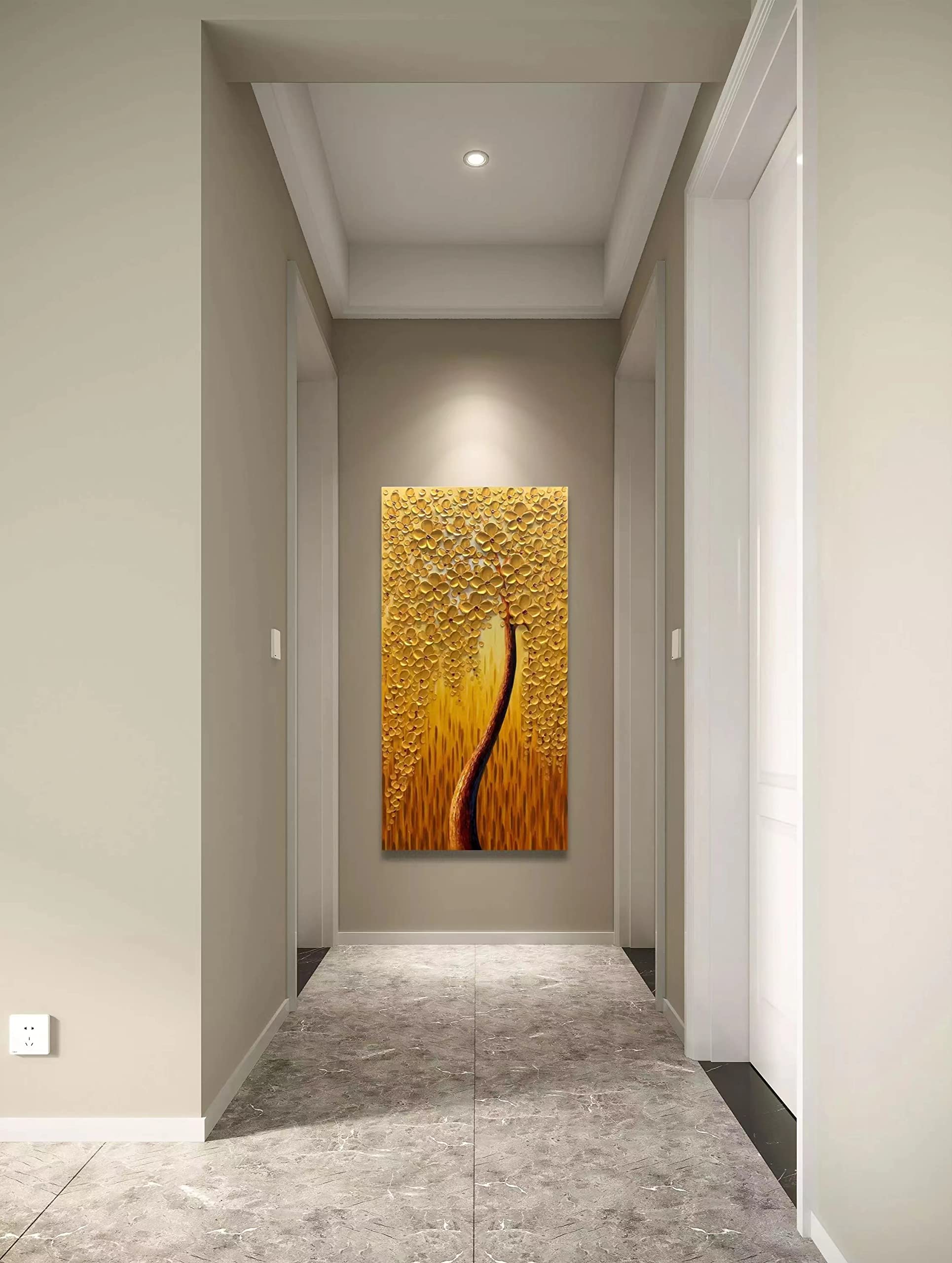 Yika Art, 3D Paintings Modern Abstract Oil Painting Hand Painted On Canvas Abstract Artwork Picture Wall Decoration for living room - Golden Lucky Tree Wall Art-24X48 Inch