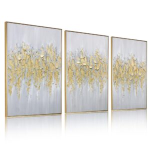 zessonic framed gold abstract wall art - glam gold hand-painting canvas art for living room bedroom decor glitter abstract artwork for modern, contemporary decor, 24" x 36" x 3 panel