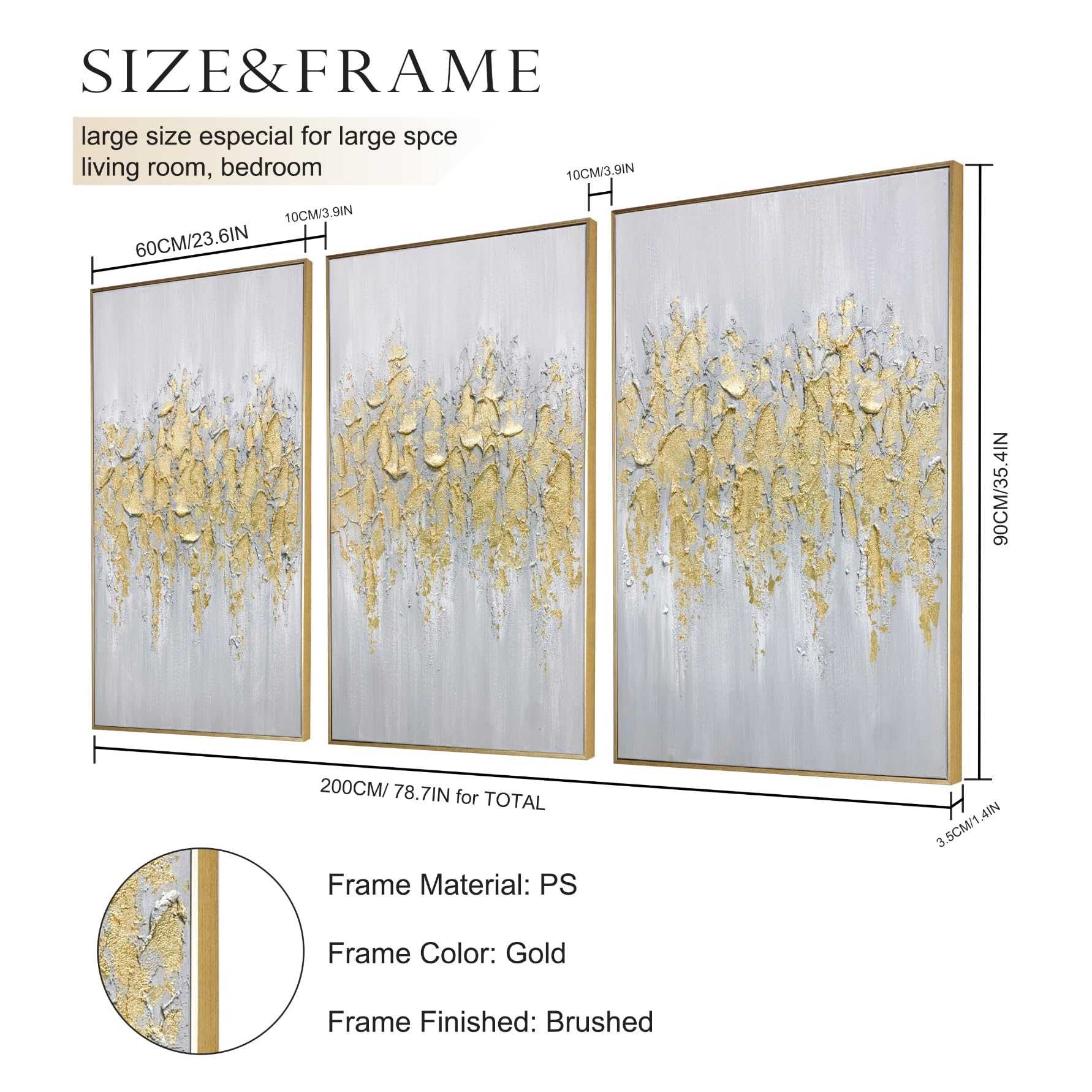 Zessonic Framed Gold Abstract Wall Art - Glam Gold Hand-Painting Canvas Art for Living Room Bedroom Decor Glitter Abstract Artwork for Modern, Contemporary Decor, 24" x 36" x 3 Panel